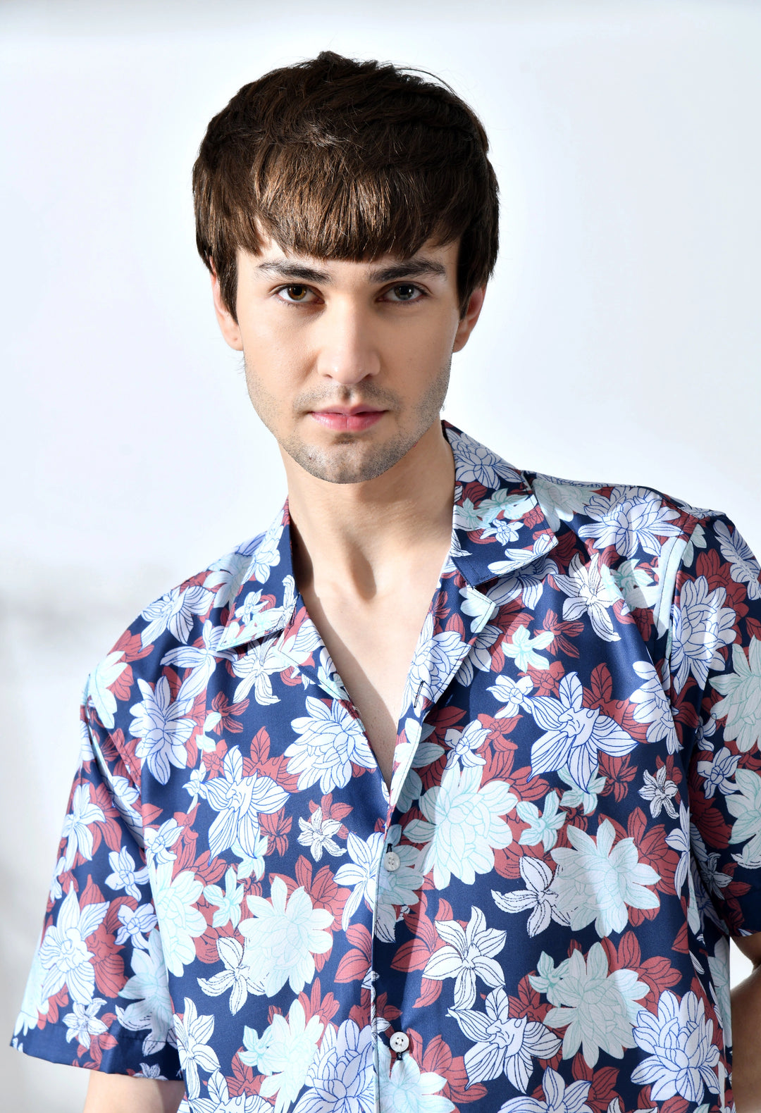 Navy floral printed half sleeve shirt