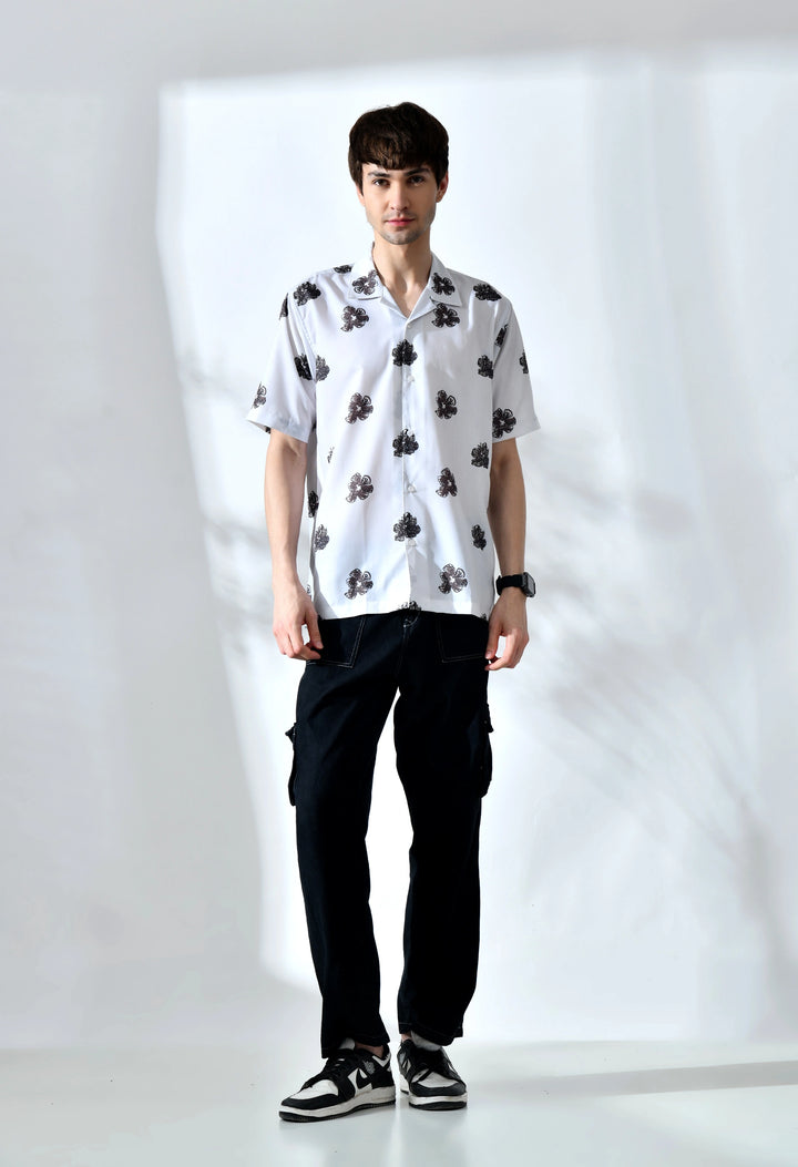 White floral printed hawain collar shirt