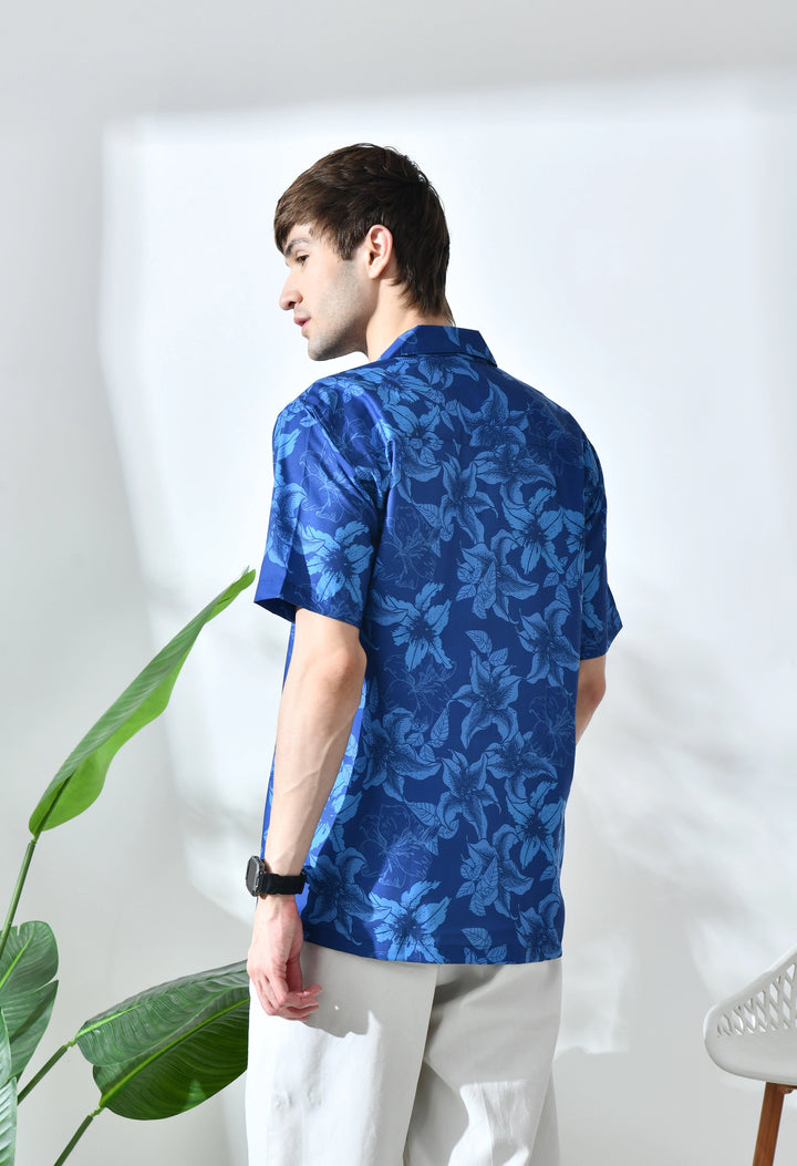 Blue flower printed half sleeve shirt
