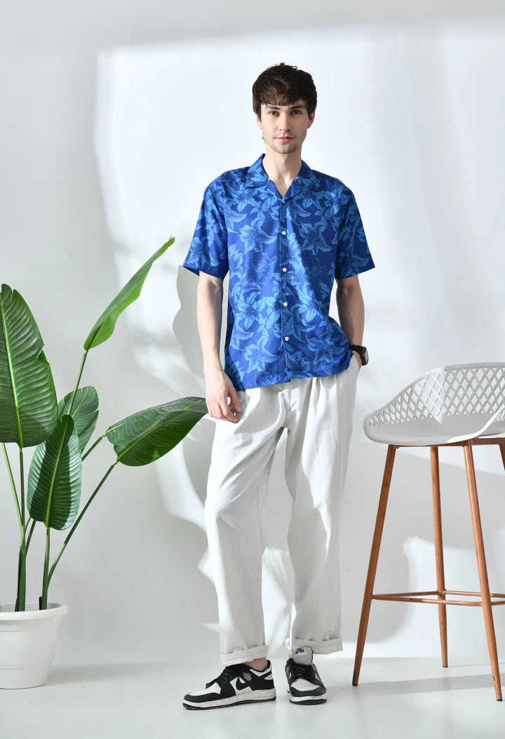 Blue flower printed half sleeve shirt