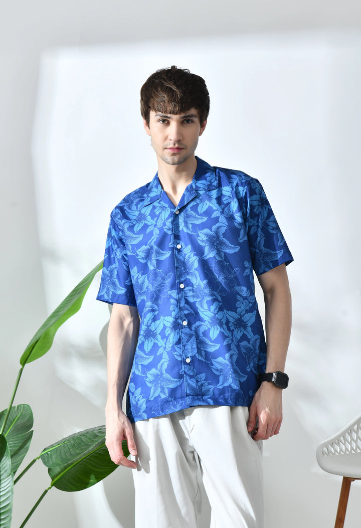 Blue flower printed half sleeve shirt