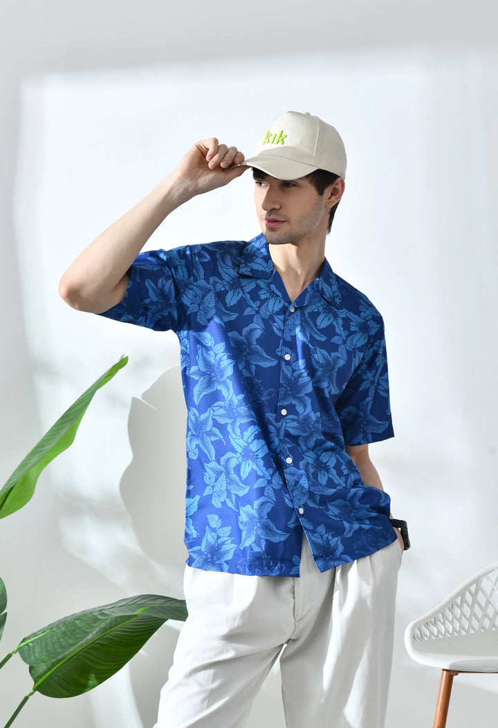 Blue flower printed half sleeve shirt