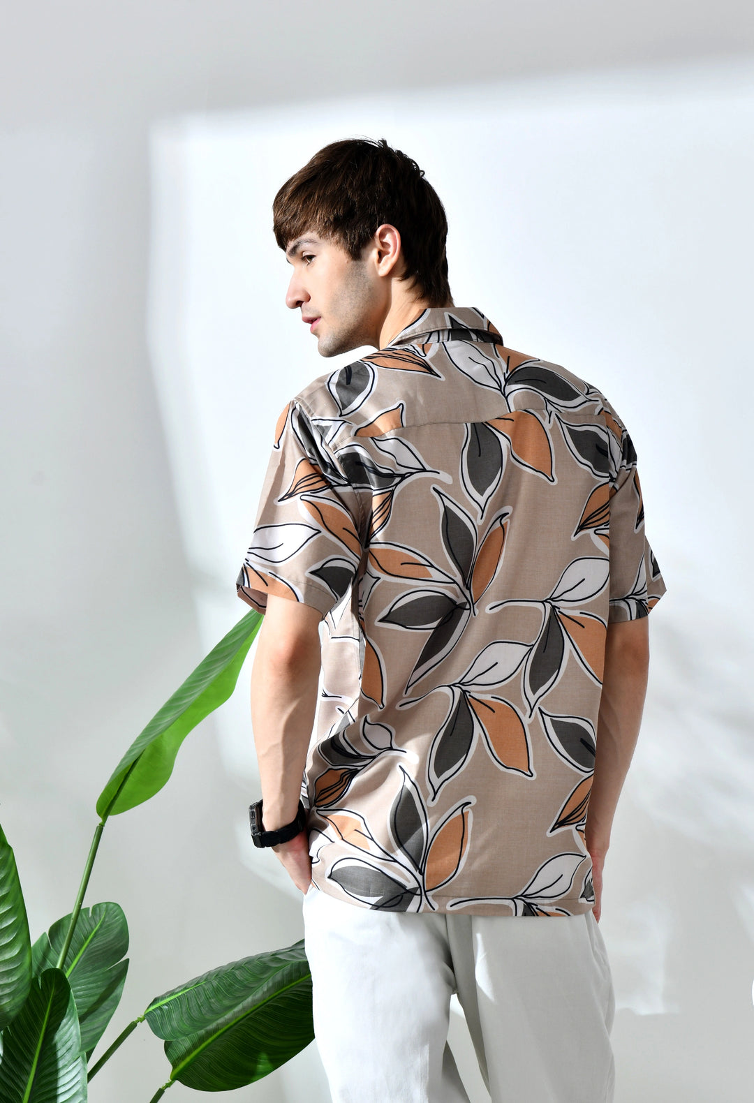 Biege leaf printed half sleeve shirt
