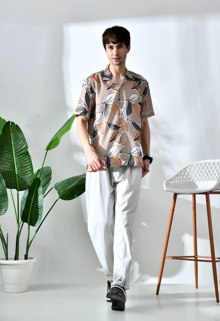 Biege leaf printed half sleeve shirt