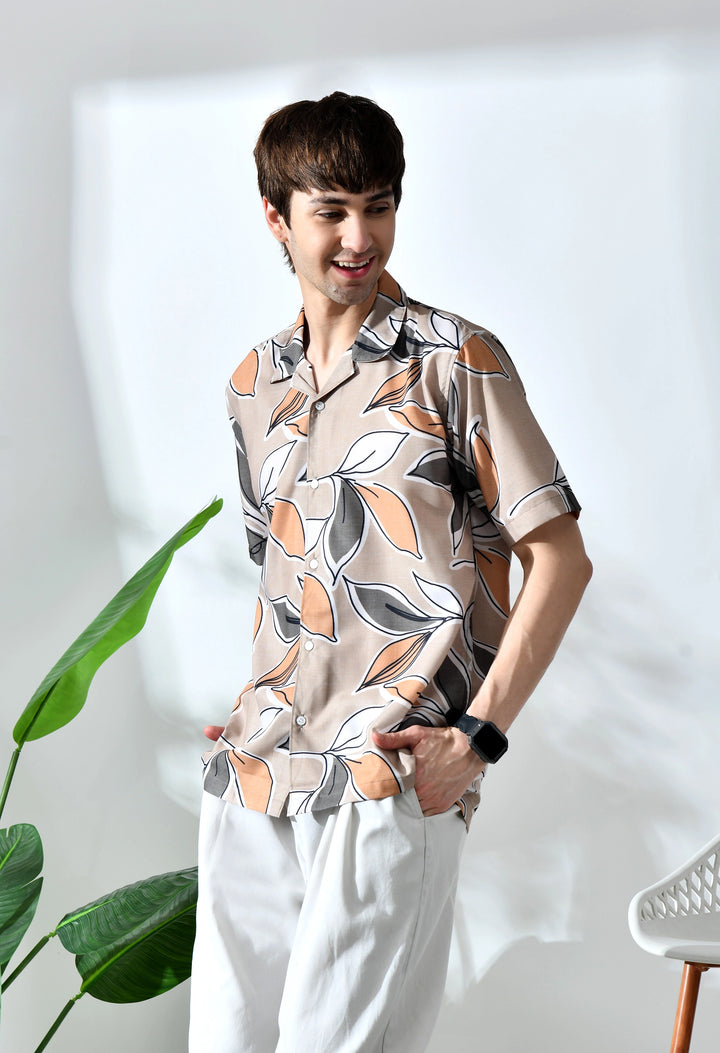 Biege leaf printed half sleeve shirt