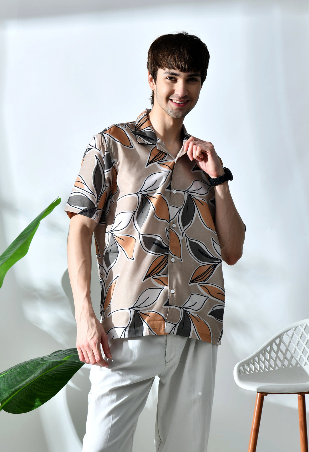 Biege leaf printed half sleeve shirt