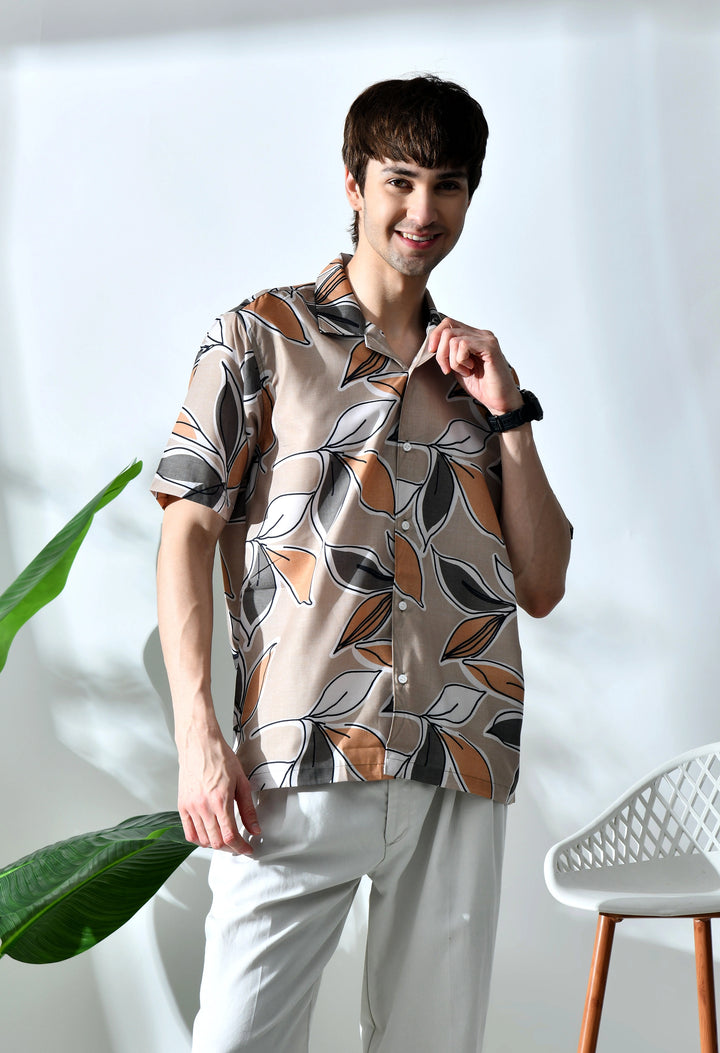 Biege leaf printed half sleeve shirt