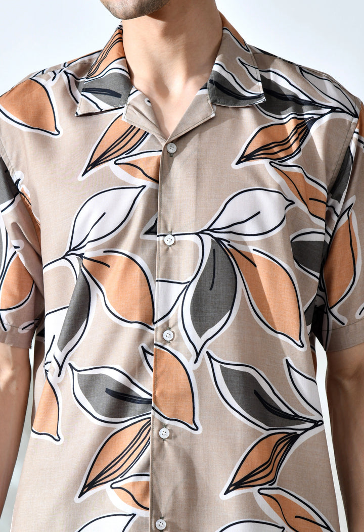 Biege leaf printed half sleeve shirt