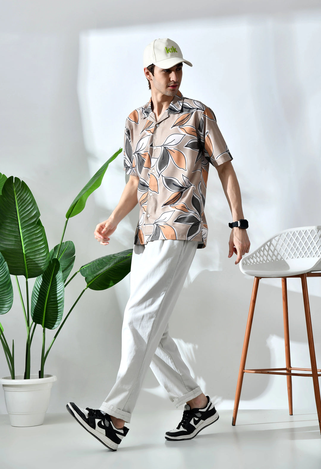 Biege leaf printed half sleeve shirt