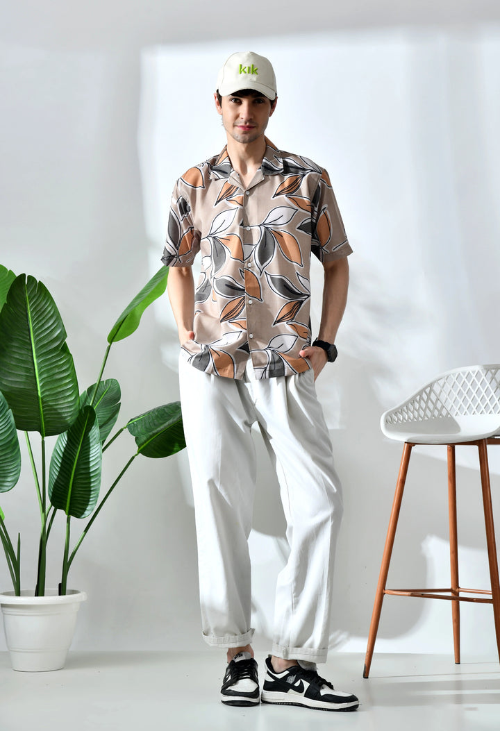 Biege leaf printed half sleeve shirt