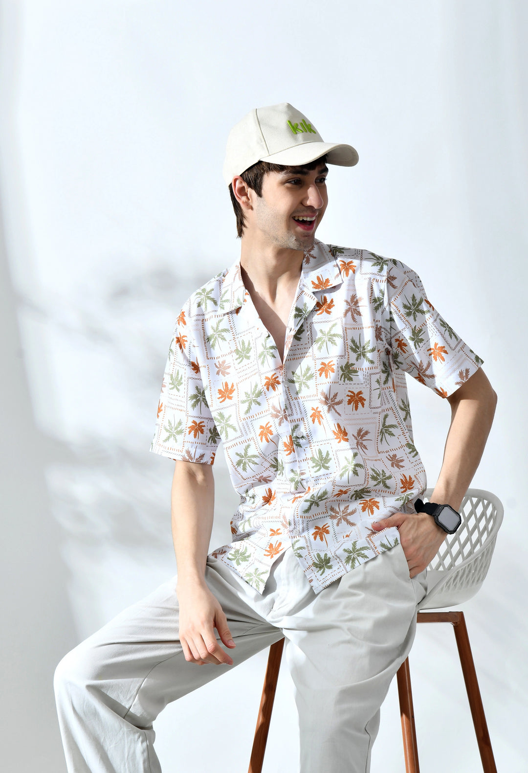 White palm tree printed half sleeve shirt