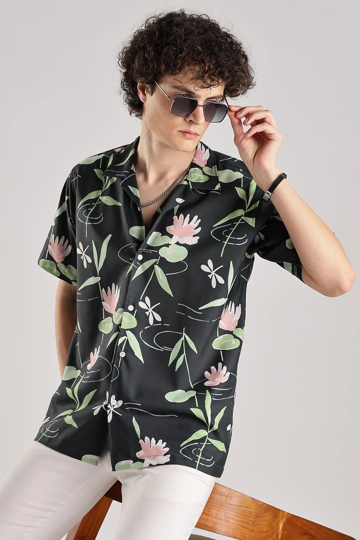 Dark green floral printed short sleeve shirt