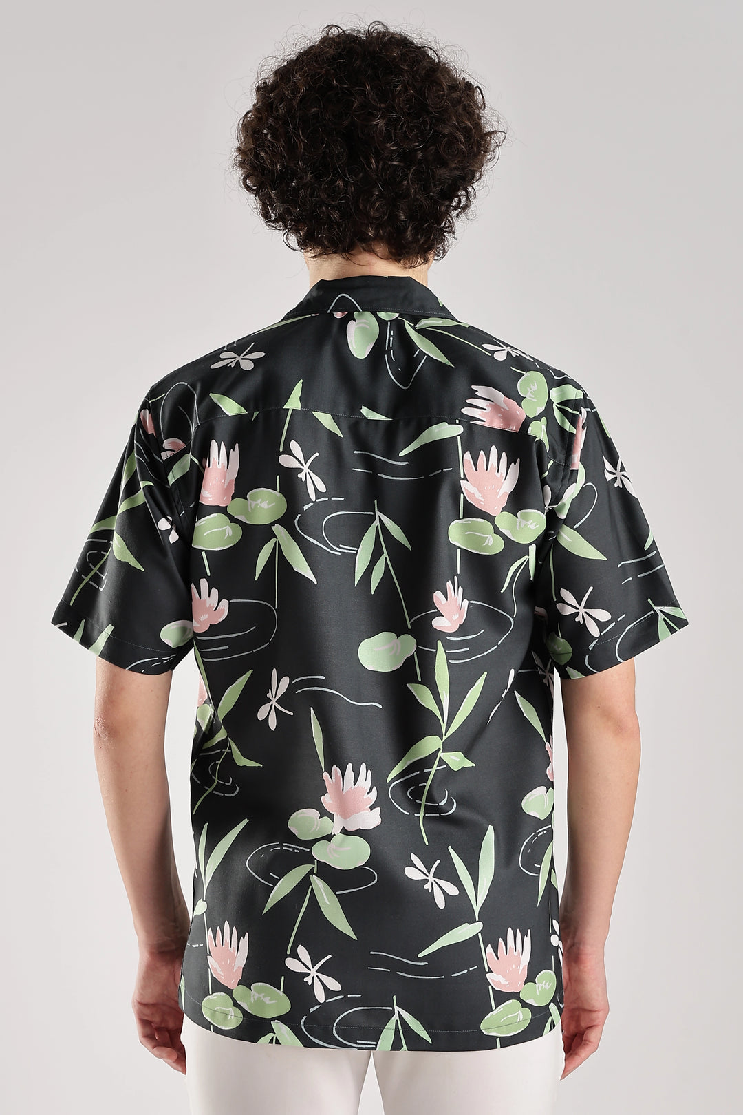 Dark green floral printed short sleeve shirt