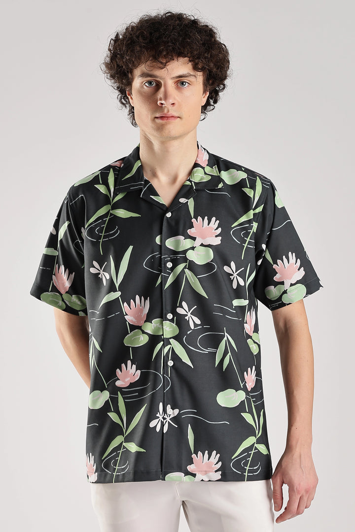 Dark green floral printed short sleeve shirt