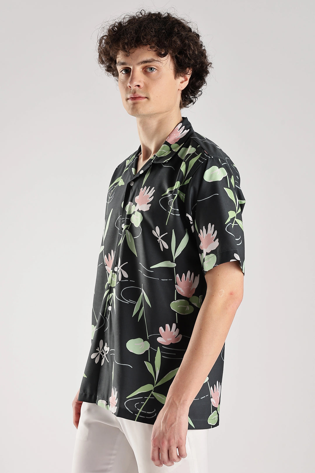 Dark green floral printed short sleeve shirt