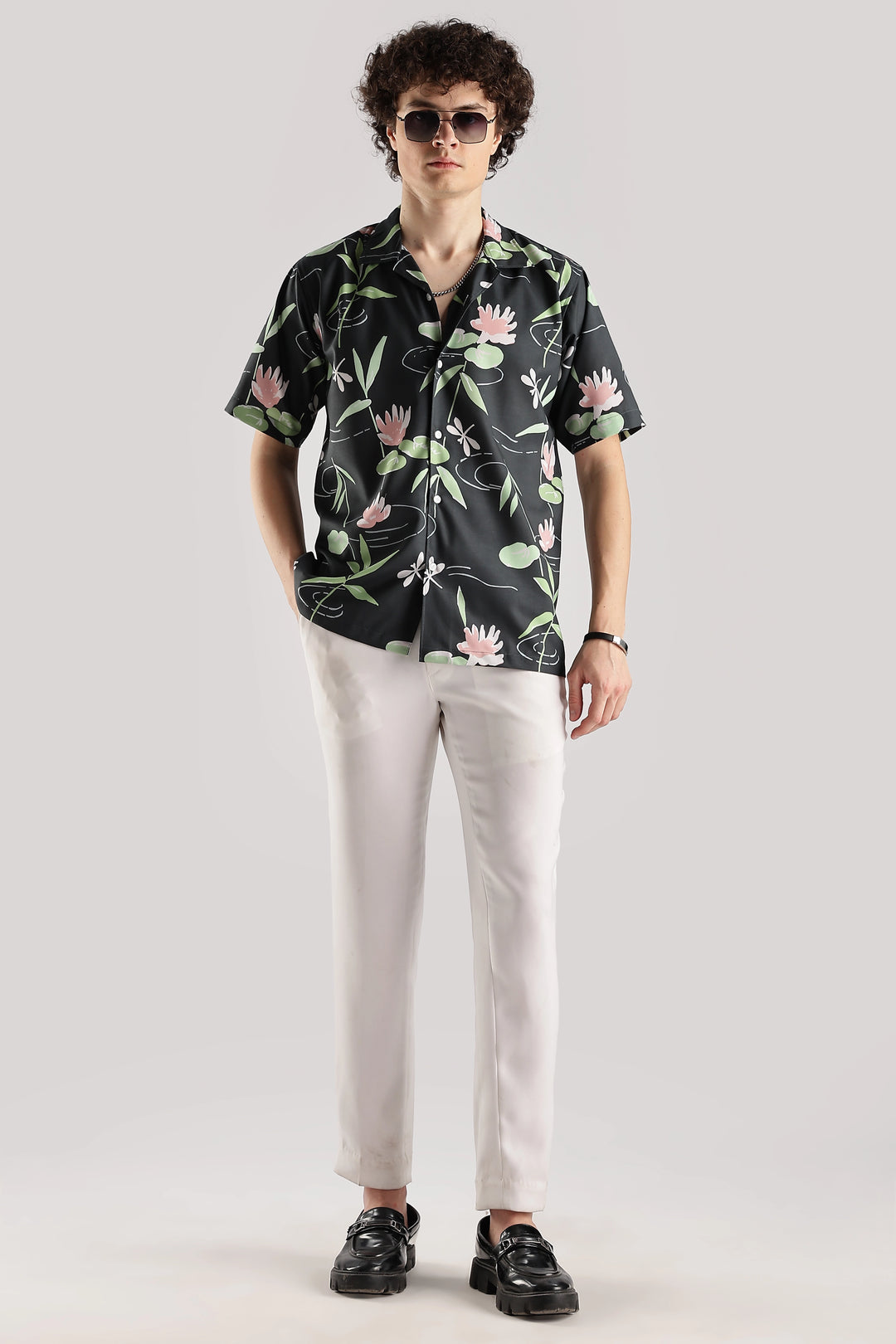 Dark green floral printed short sleeve shirt