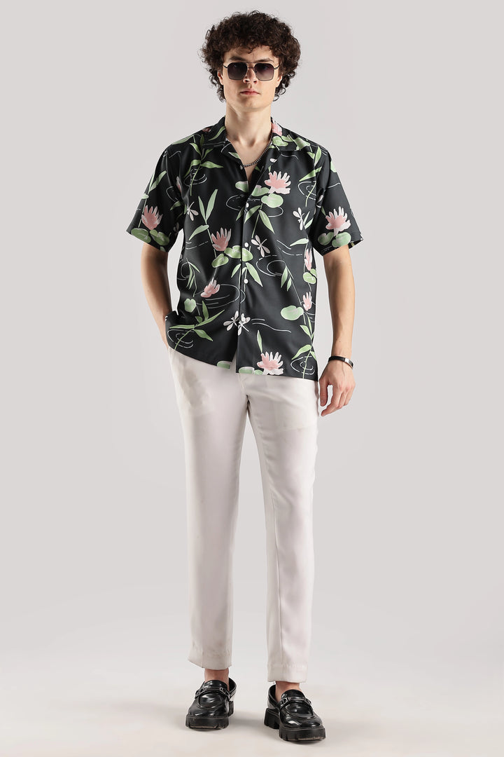 Dark green floral printed short sleeve shirt