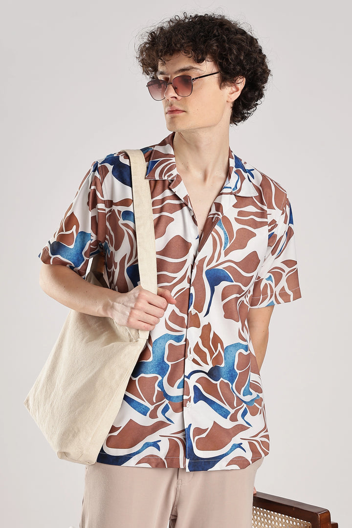 Biege printed fluid short sleeve shirt