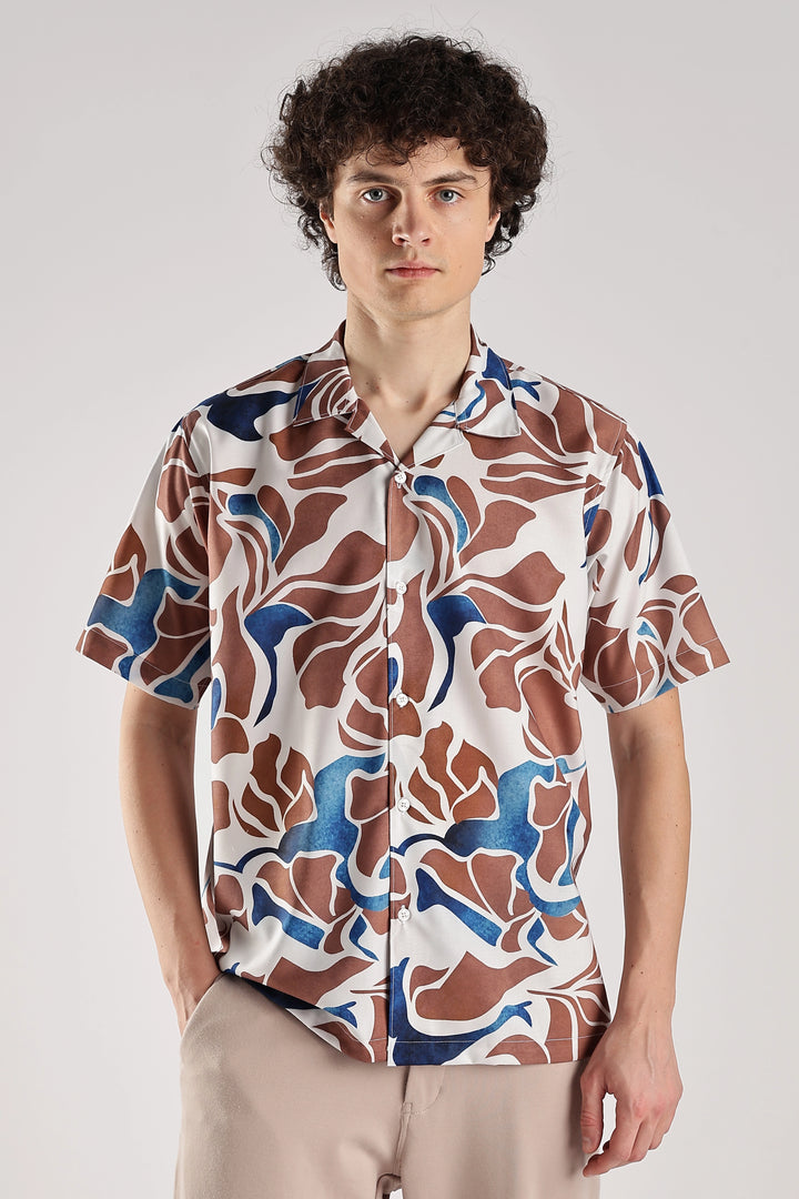 Biege printed fluid short sleeve shirt