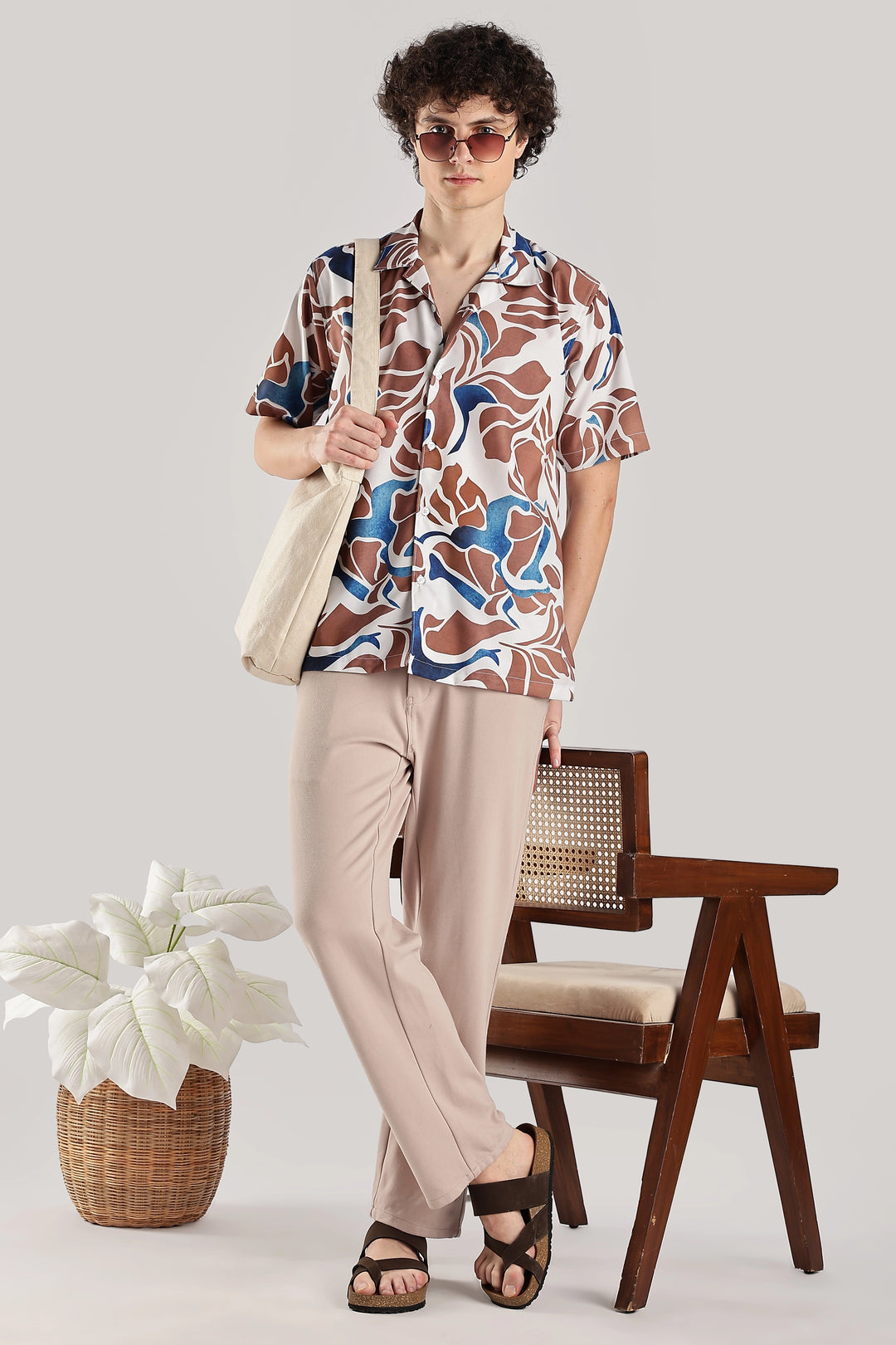 Biege printed fluid short sleeve shirt