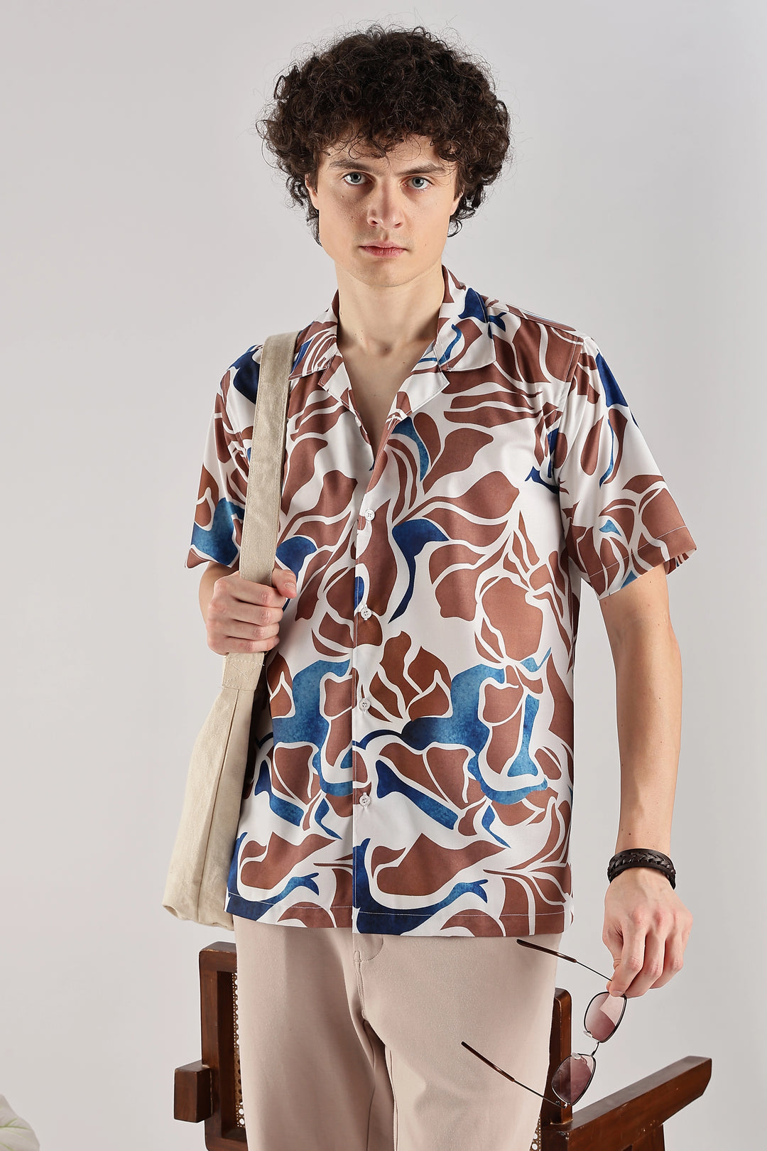 Biege printed fluid short sleeve shirt