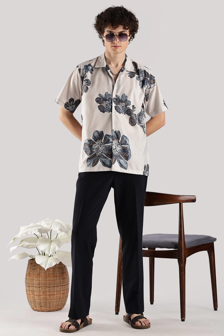 Biege blossoms printed short sleeve shirt