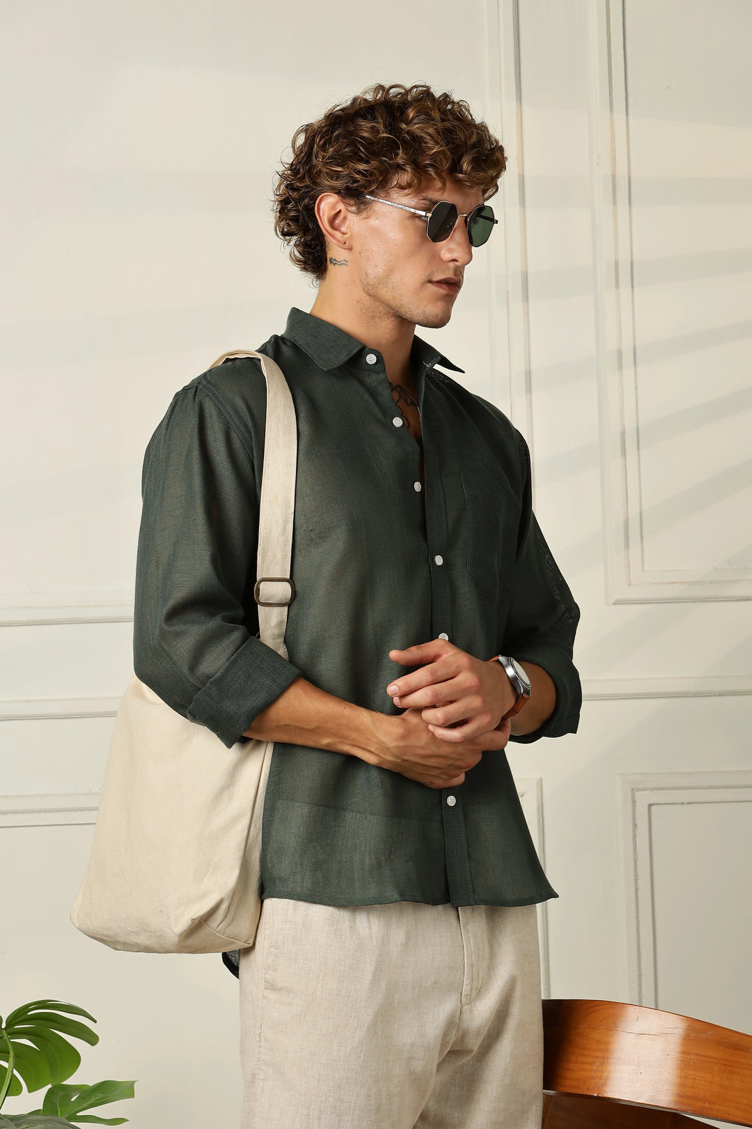 Green full sleeve linen shirt