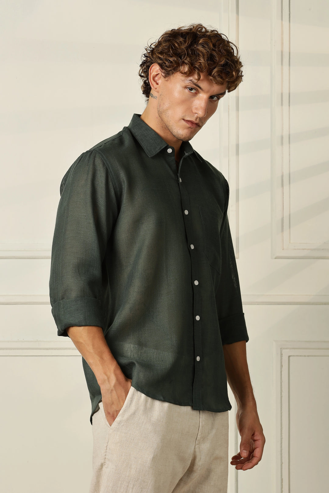 Green full sleeve linen shirt