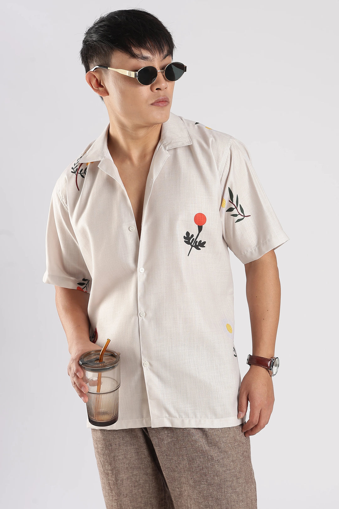 Beige flower printed shirt