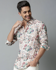 Flower print beige full sleeve shirt for men