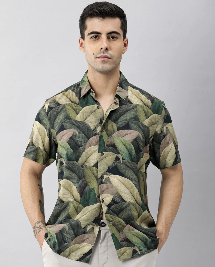 GREEN LEAF PRINT HALF SLEEVE SHIRT FOR MEN