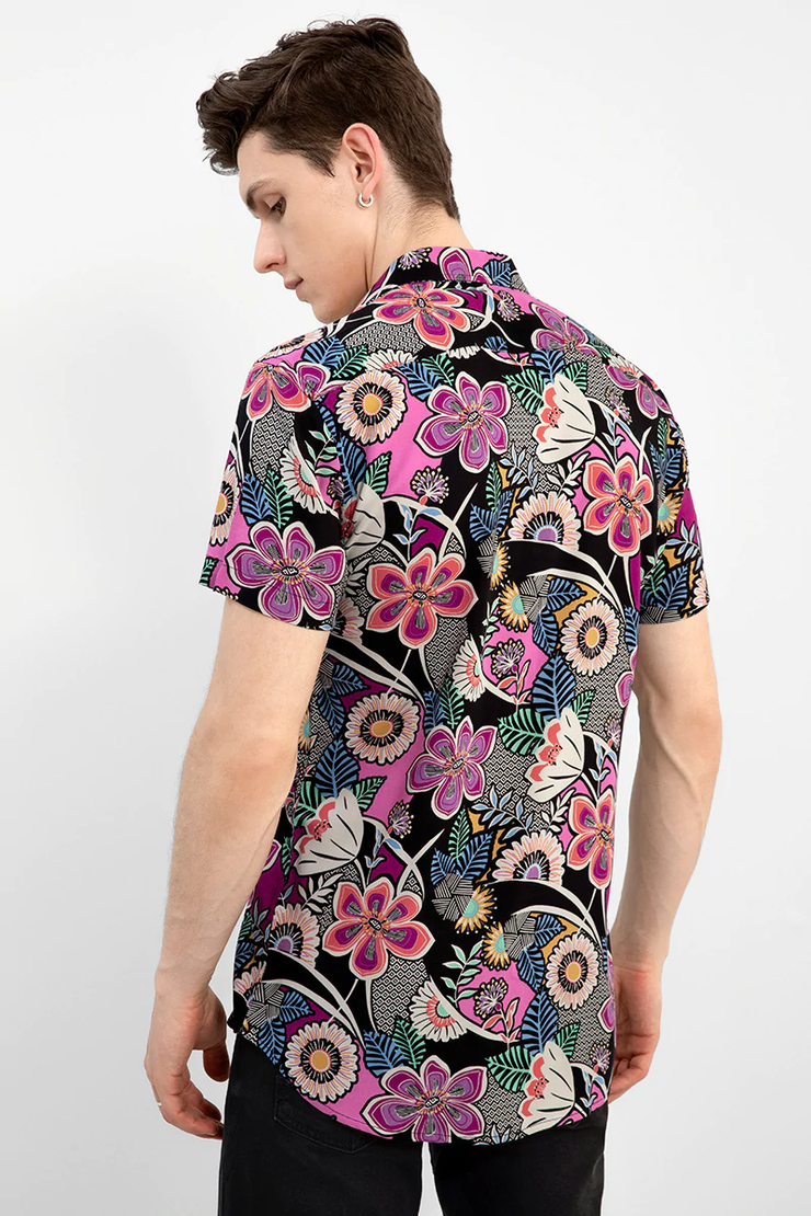 Black & Multi-color Flower Print Shirt