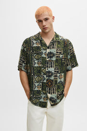 Olive geometric design half sleeve shirt for men