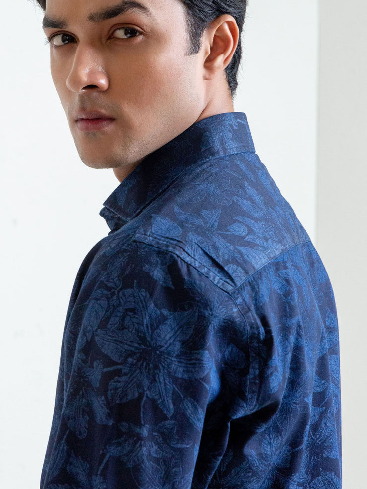 Navy indigo flower print full sleeve shirt for men