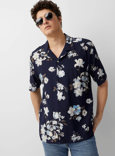 Navy Blue Flower Printed Shirt