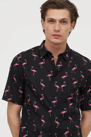 Flamingo print black half sleeve shirt for men